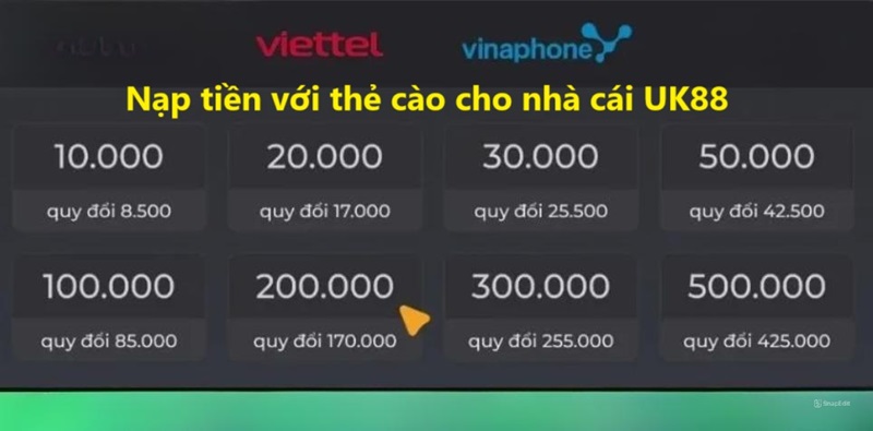 Nạp tiền UK88 - Nhanh gọn lẹ chỉ với 3 phút 2 Nạp tiền với thẻ cào cho nhà cái UK88