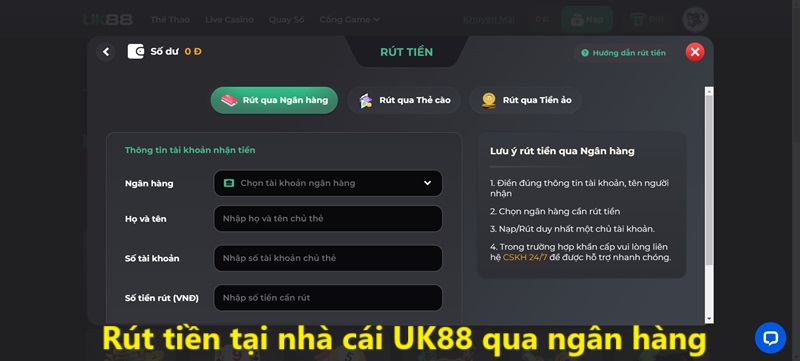 Chi tiết cách rút tiền UK88 mới cập nhật năm 2024 2 Rút tiền tại nhà cái UK88 qua ngân hàng